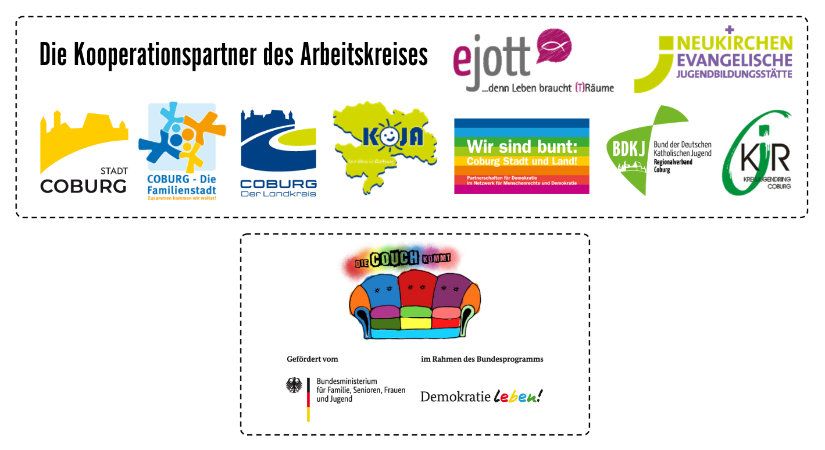 Logoblock "Die Couch kommt" mit Logos von verschiedenen Kooperationspartnern wie Stadt Coburg, ejott, JuBi Neukirchen, KJR Coburg