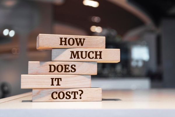 Holzblöcke mit Aufschriften, die gemeinsam den englischen Satz "How much does it cost?" ergeben, was übersetzt "Wie viel kostet es?" heißt